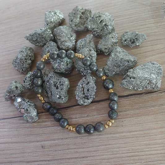 Pulsera de Pirita con billas de acero inoxidable "Riqueza, Protección y Bienestar Emocional"