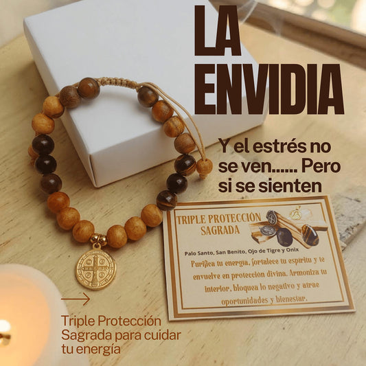 Pulsera Triple Protección Sagrada "Palo Santo , San Benito, Ónix y Ojo de Tigre"